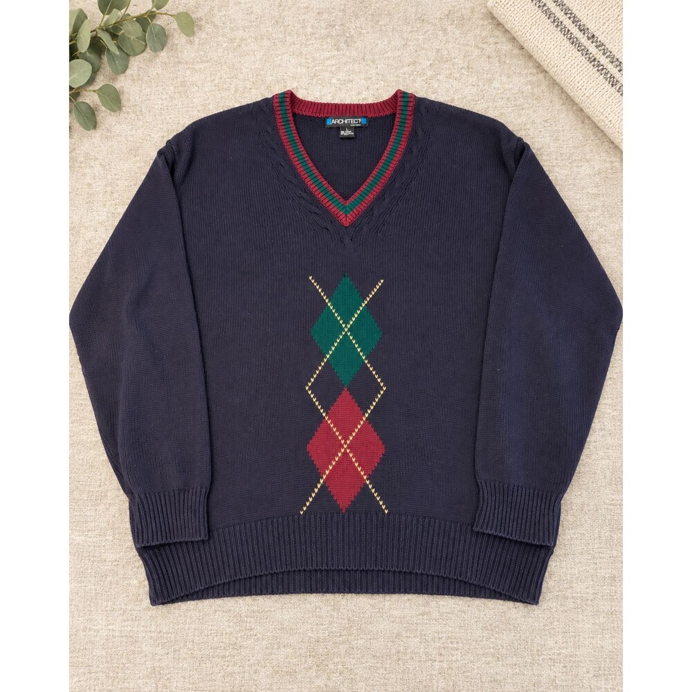 Architect Argyle V Neck Sweater Large Navy 100% Cotton Preppy Knit Pullover